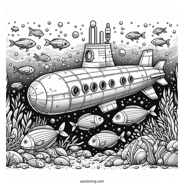 Realistic Deep Sea Submarine Coloring Page With Fish