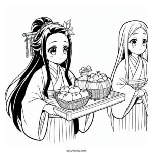 Nezuko Coloring Page And Muichiro Carring Tray Of Food