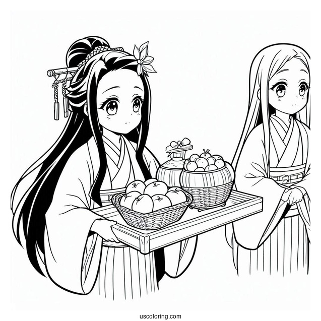 Nezuko Coloring Page And Muichiro Carring Tray Of Food