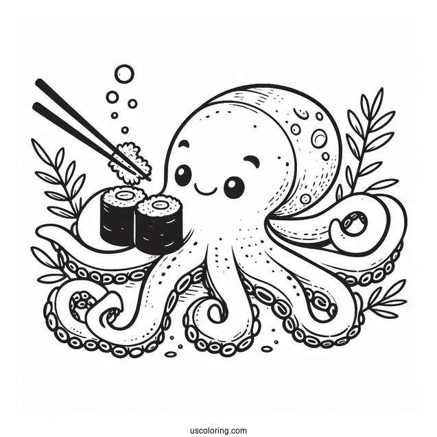 Octopus Eating Sushi Coloring Pages Underwater For Kids