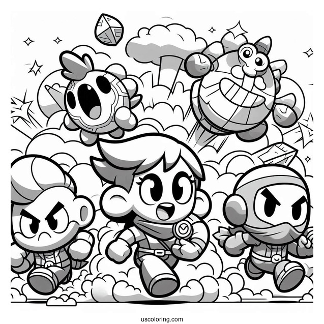 Brawl Stars Coloring Page Of Shelly, Colt, And Poco Running Away From Explosion