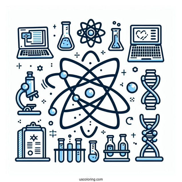Science Coloring Page Of Full Page Scientific Symbols Atom, Beakers, Test Tubes, Computers, And DNA
