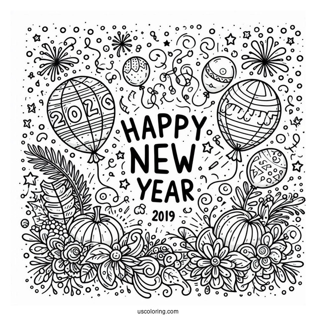 Happy New Year Coloring Page Of Confetti And Balloons
