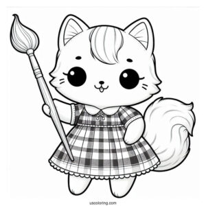 Cute Coloring Page Furry Cat Holding A Paintbrush And Wearing A Plaid Dress