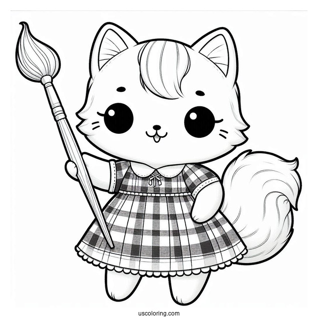 Cute Coloring Page Furry Cat Holding A Paintbrush And Wearing A Plaid Dress