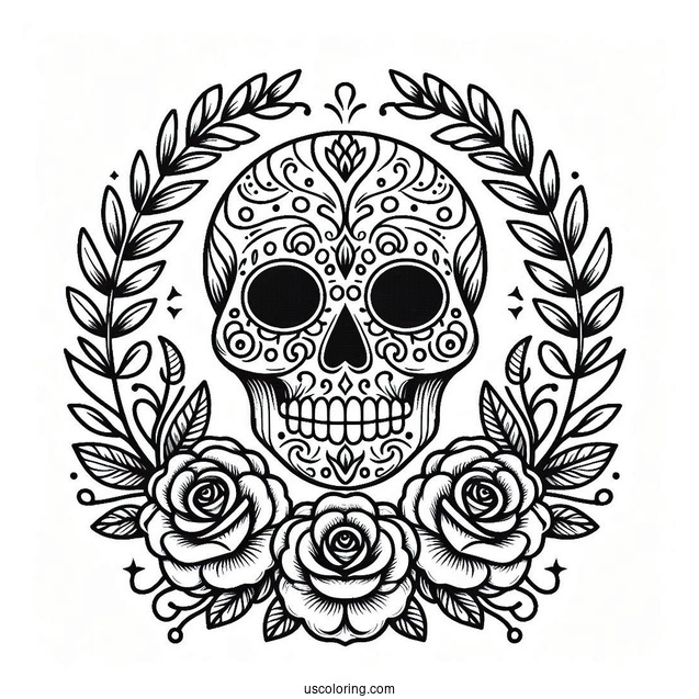 Sugar Skulls Coloring Page With Laurel Leaves And Roses