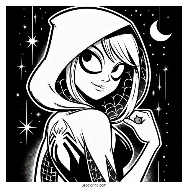 Easy Outline Of Spider-Gwen Coloring Page At Night For Preschoolers