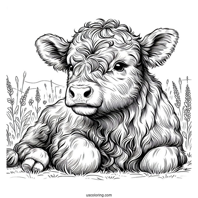 Baby Highland Cow Resting In Field Coloring In