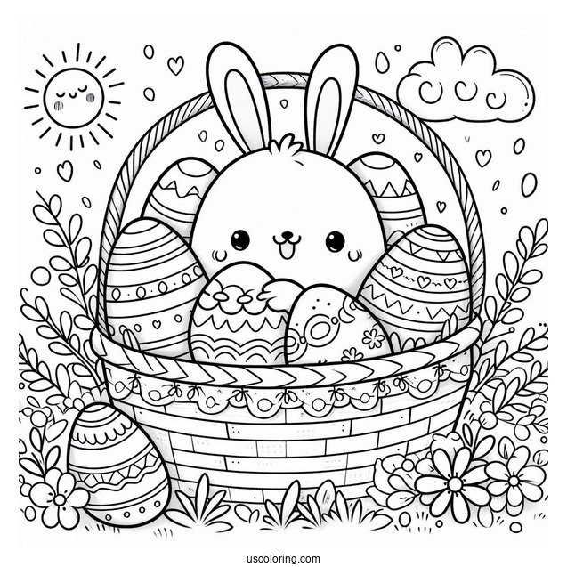Happy Easter Coloring Page With Eggs In A Basket For Preschoolers