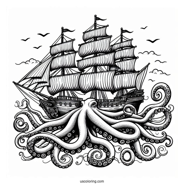 Giant Kraken Octopus Coloring Page Capturing Ship