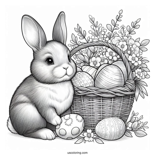 Easter Coloring Page Of Realistic Bunny Next To Basket Of Easter Eggs