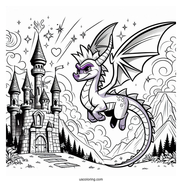Mighty Sypro Coloring Page Flying In Front Of Castle