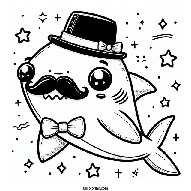 Cute Shark Coloring Page With Mustache, Bowtie, And Hat