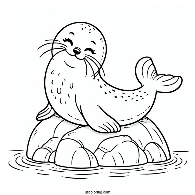 Happy Seal Coloring Page On A Rock For Kids