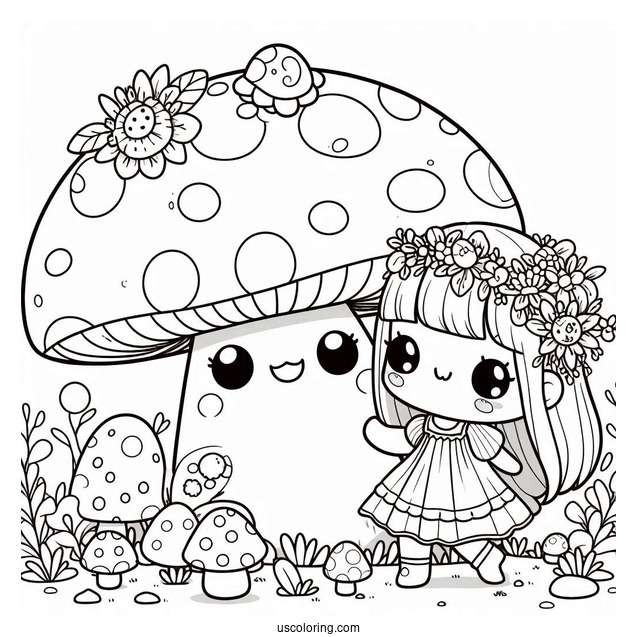 Kawaii Girls Playing With A Giant Mushroom Coloring Page