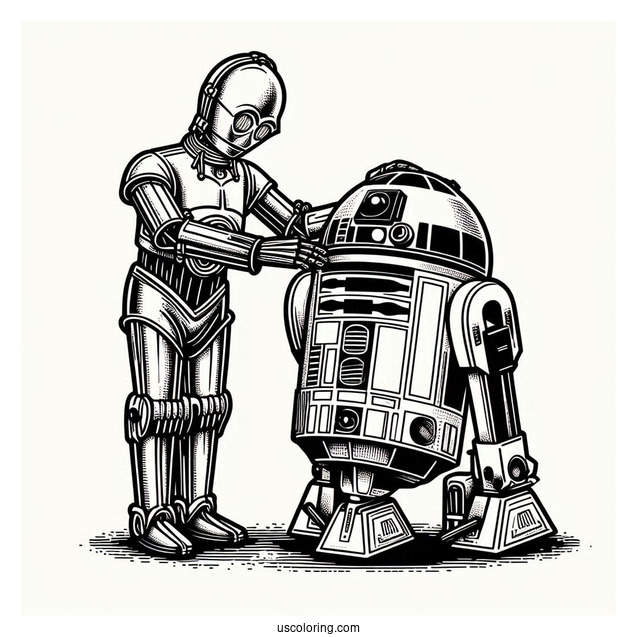 C3PO Petting R2-D2 Coloring Page
