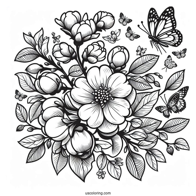Flower Coloring Pages Of Quince With Butterflies In A Ring