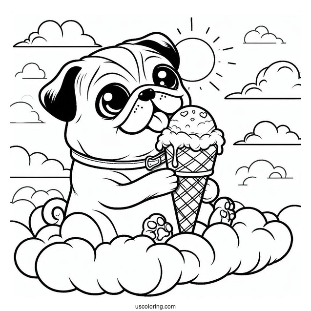 Pug Coloring Page Enjoying Ice Cream Cone In The Clouds for Kids