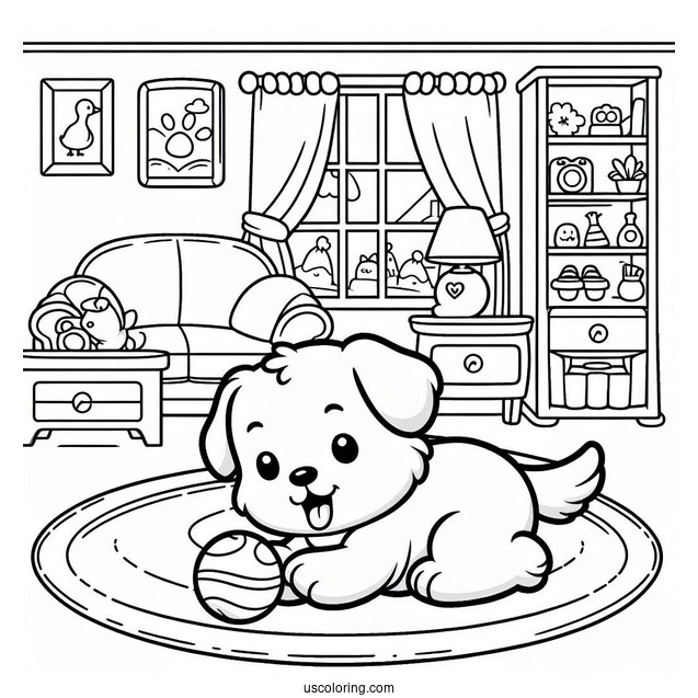 Easy Outline Of Puppy Playing Indoors Coloring Sheet