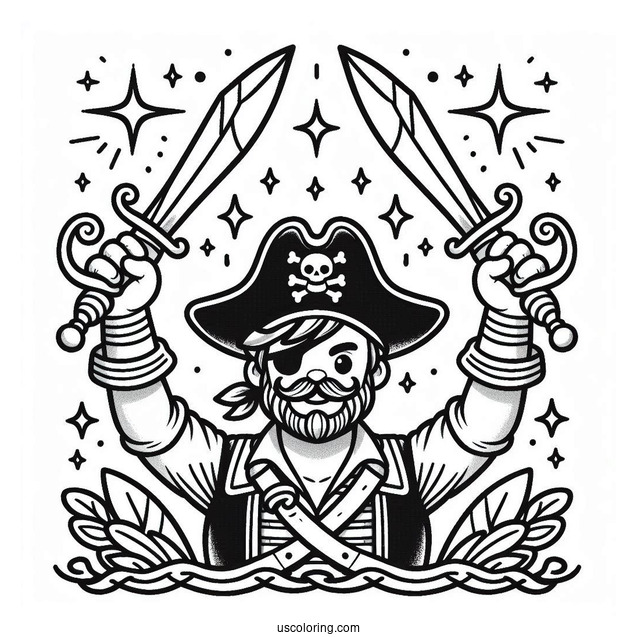Pirate Coloring Page Holding Up Two Daggers For Kids