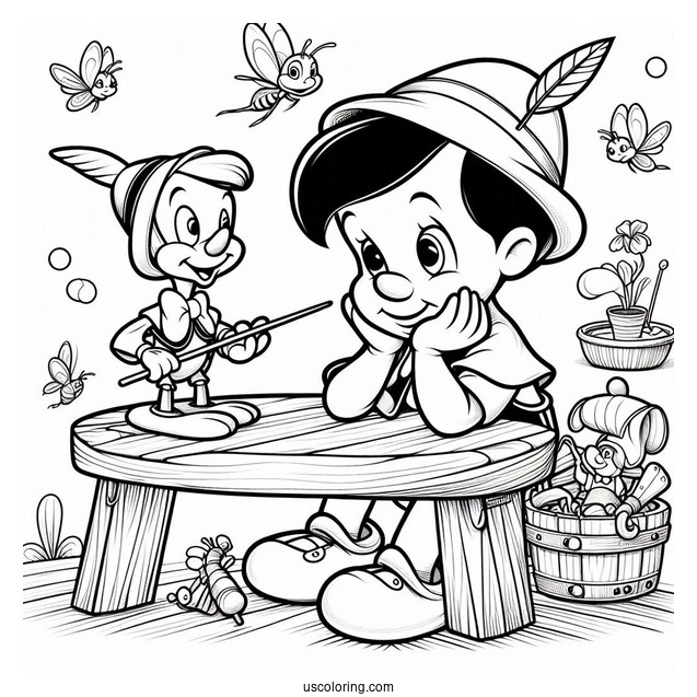 Pinocchio Coloring Page Playing With Figaro, Cleo, And Jiminy Cricket On Table