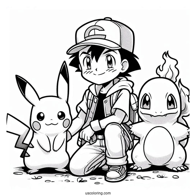 Ash Character With Pikachu And Charmander