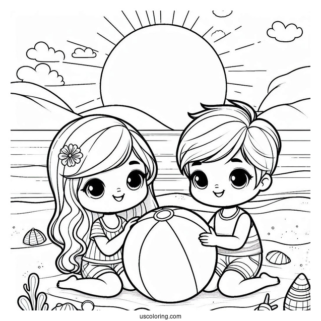 Two Kids Playing With A Beach Ball Coloring Sheet