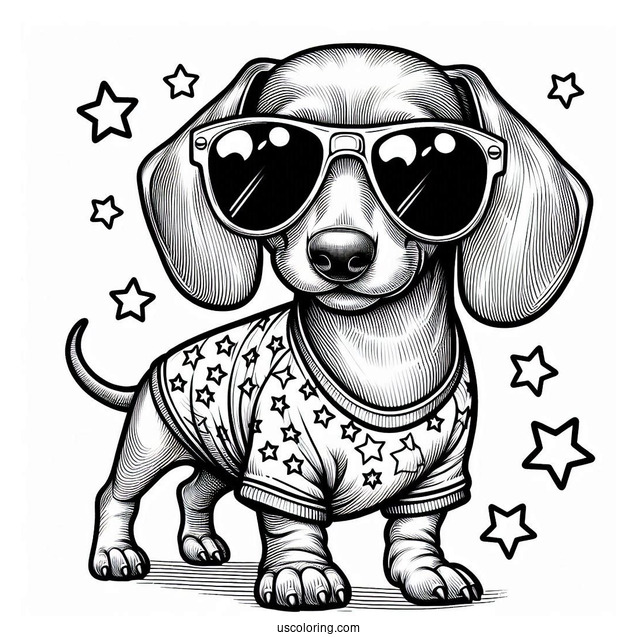 Dachshund Coloring Page Wearing Star Sunglasses And Shirt