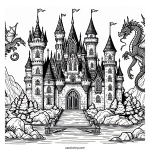 Middle Ages Castle Coloring Page With Dragon