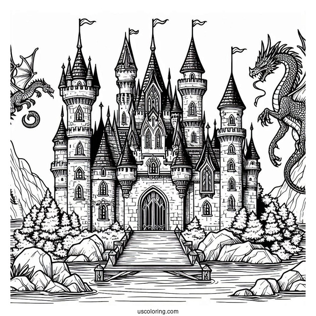 Middle Ages Castle Coloring Page With Dragon