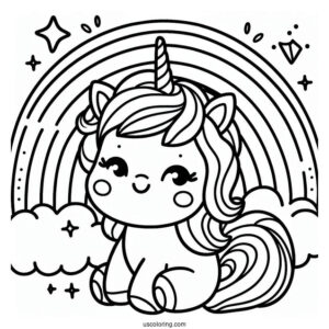 Cute Unicorn Bellow A Rainbow Coloring Page