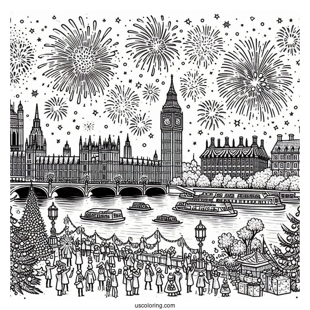 Classy New Year Coloring Page Of Celebration In London With Fireworks Behind The Big Ben