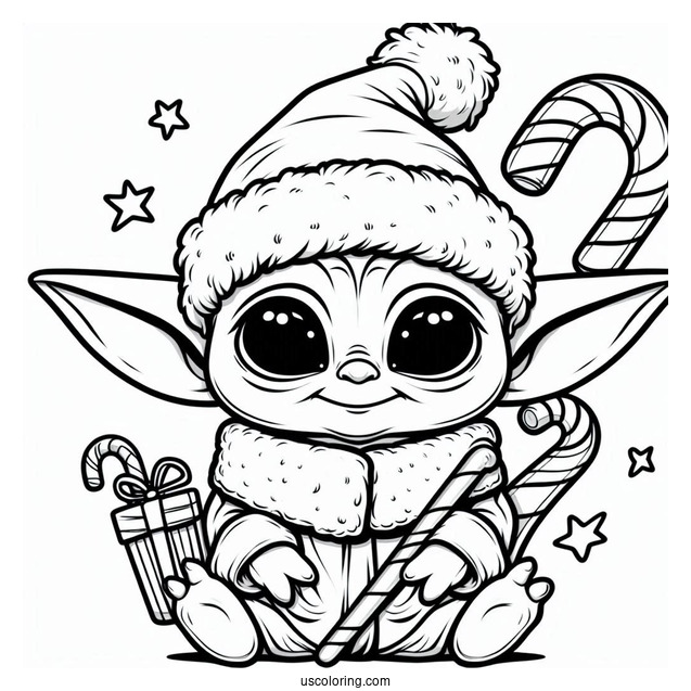 Baby Yoda Christmas Coloring Page With Candy Canes