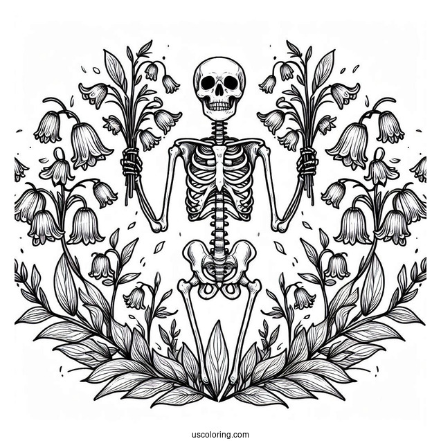 Skeleton Coloring Page Holding Up Bluebells
