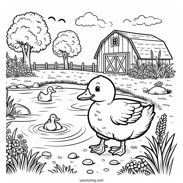 Duck Going To Pond On Farm To Color