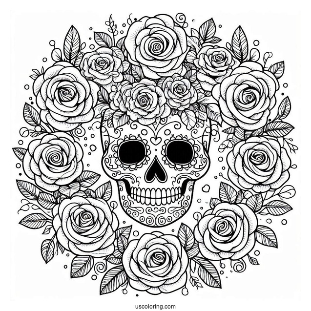 Sugar Skulls Coloring Page Inside A Rose Wreath