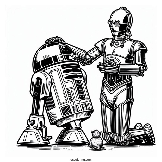 C3PO Petting R2-D2 Coloring Page