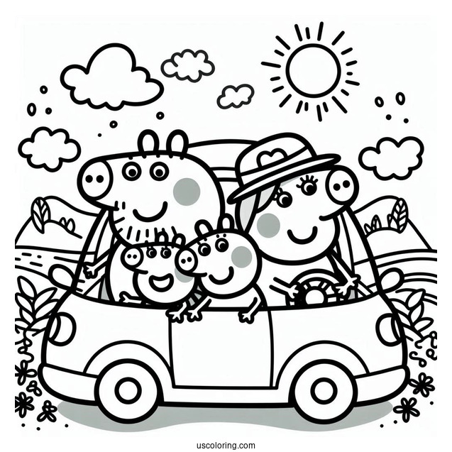 Peppa Pig Family Driving In Car Coloring Page