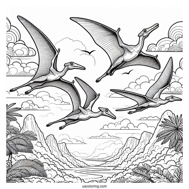 Four Adult Pterodactyl Coloring Page In The Sky