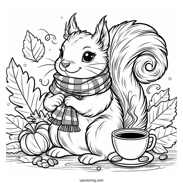 Squirrel Coloring Page Sitting On Fall Leaves With Scarf And Hot Drink