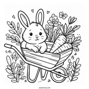 Rabbit In A Wheelbarrow With Carrots In Spring Coloring Sheet For Preschoolers