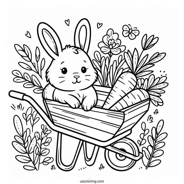 Rabbit In A Wheelbarrow With Carrots In Spring Coloring Sheet For Preschoolers