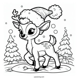 Rudolph Coloring Page Wearing A Santa Hat While Walking In The Snow