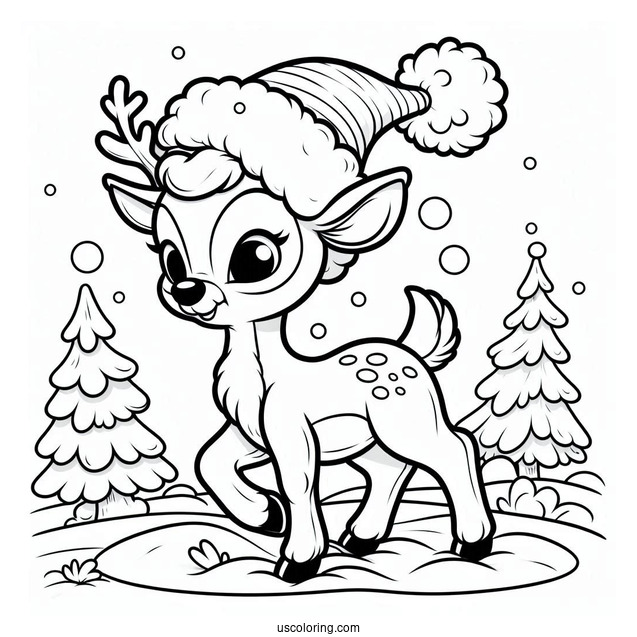 Rudolph Coloring Page Wearing A Santa Hat While Walking In The Snow