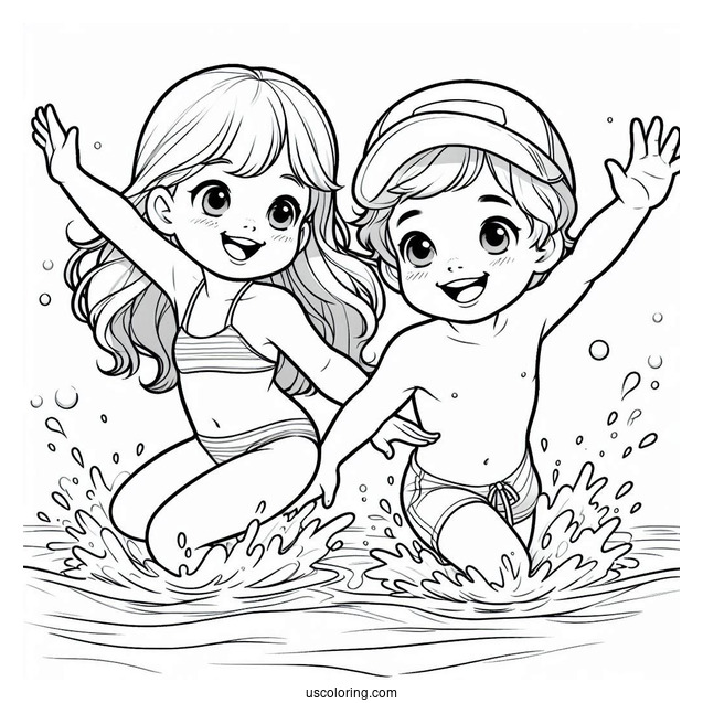 Realistic Little Boy And Girl Swimming Coloring Page