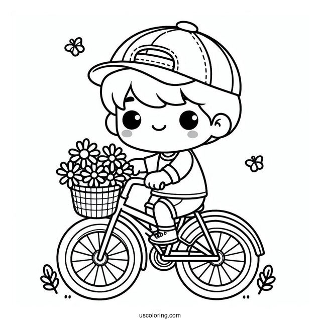 Kawaii Little Boy Riding Bicycle Coloring Page With Training Wheels For Preschoolers