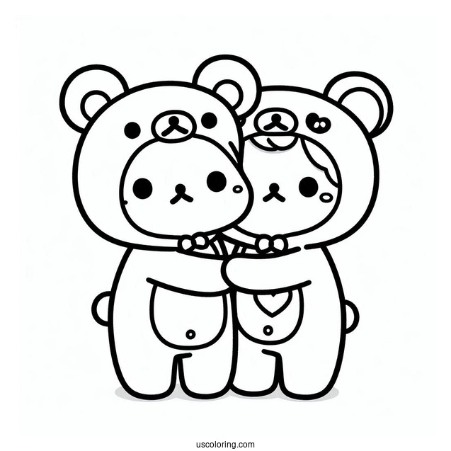 Friends Hugging Rilakkuma Coloring Page In Onesie Costume For Kids