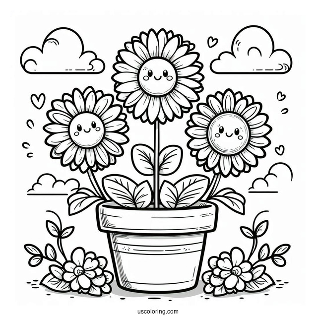 Flower Coloring Pages Of Three Happy Sunflowers In Garden Pot