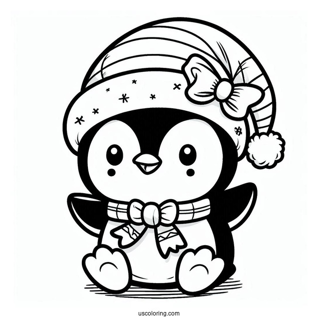 Baby Penguin Wearing Santa Hat Coloring In