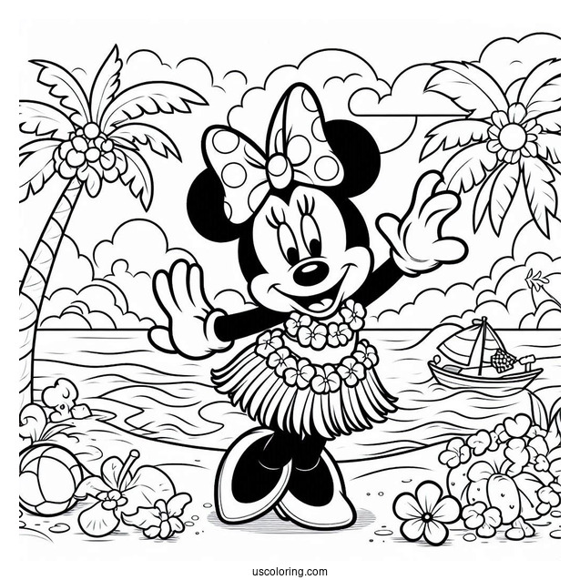 Beach Coloring Page Of Minnie Mouse Dancing The Hula